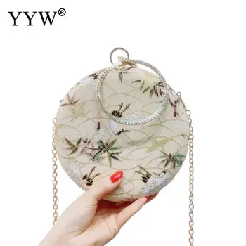 

Women'S Evening Bags Embroidered Clutch Bird Pattern Beige Rhinestone Circle Ring Cocktail Clutch Totes Handbag Elegant Purse