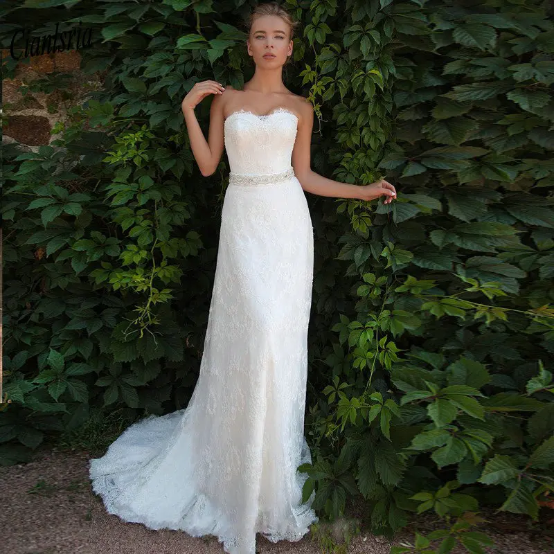 

Elegant Sweetheart Sleeveless Long Mermaid Wedding Dress With Crystal Sashes Appliques Lace Country Bridal Wedding Dresses