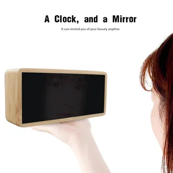 

New 2020 Creative Bamboo Wooden Alarm Clock LED Display with Mirror Temperature Digital Watch
