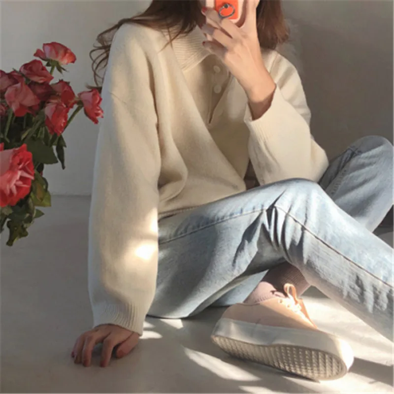

Korean Temperament Sweater Women Minimalist Polo Collar Long-sleeved Knitted Pullovers Tops Retro Preppy Style Jumper Wool