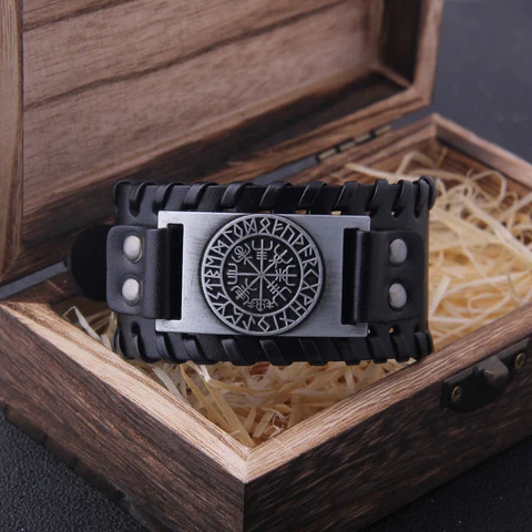 Wide Leather Bracelet Men Punk Braided Rope Alloy Cuff Bangle Male Wristband Viking Bracelet Mens Jewelry with wood box