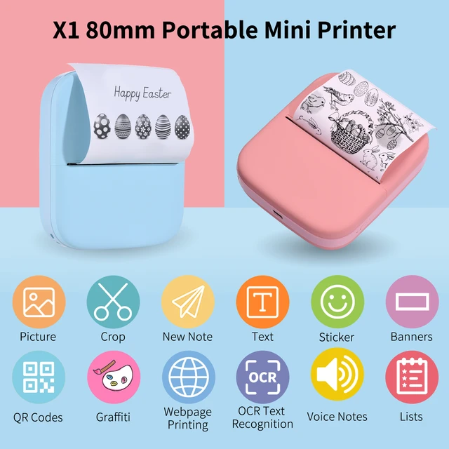 Mini Drucker, Fotodrucker für Smartphone, mit USB-Kabel und 7 Rollen  Thermopapier, für Journal, Reisen (grün)