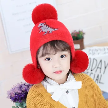 

Baby hats 2019 autumn and winter new cartoon small dinosaur children plush hair ball knit hat 2-4 years old baby warm hat beanie