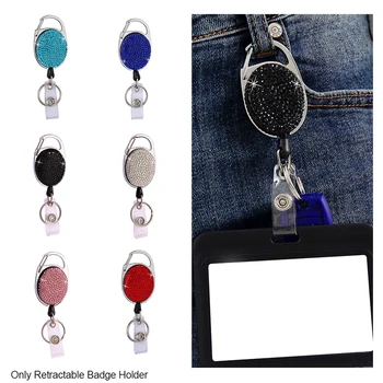 

Bling Rhinestone Clip On Name Tag Fashion Key Ring School Office Portable Recoil ID Card Reel Retractable Badge Holder Clasps