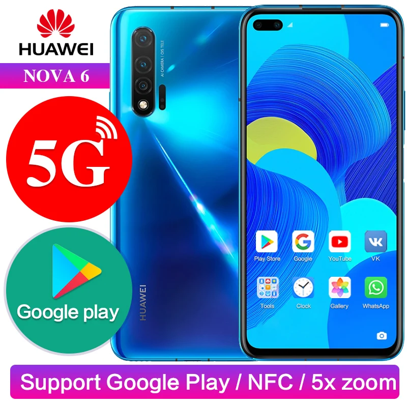Оригинал 5G huawei nova 6 с Google Play NFC 40 Вт supercharge четыре ядра 4200 мАч МП 5 камер для лица +