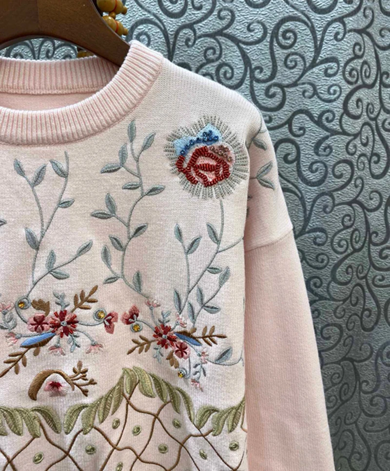 Runwaybox дизайнер весна осень для женщин цветок вышивка бисером с длинным рукавом вязаный свитер Пуловеры Леди Роскошный Розовый Топ