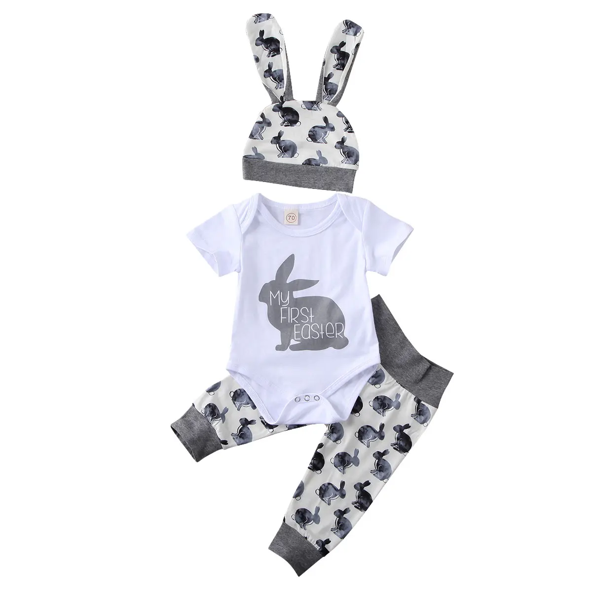

3PCS Toddler Newborn Baby Girl Boy Clothes Bunny Romper Bodysuit Tops Long Pants Rabbit Ear Hat Easter Outfits Set