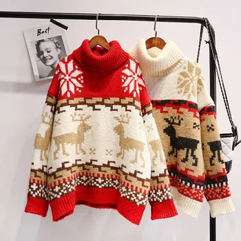 

Women Christmas Sweater Oversized Turtleneck Sweater 2019 Winter Hit Color Snowflake Elk Jacquard Knit Loose Sweater Red Jumper