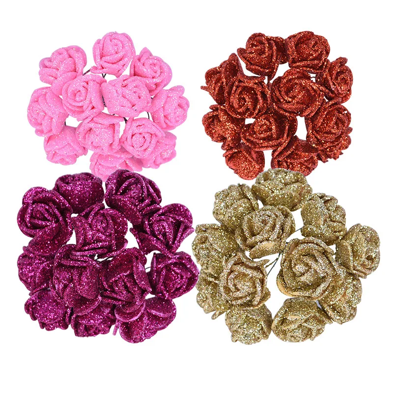 

72/144pcs Mini 2cm Glitter Artificial Rose Flower Fake Flower DIY Wreath Gift Box Scrapbook Craft Home Wedding Party Decoration