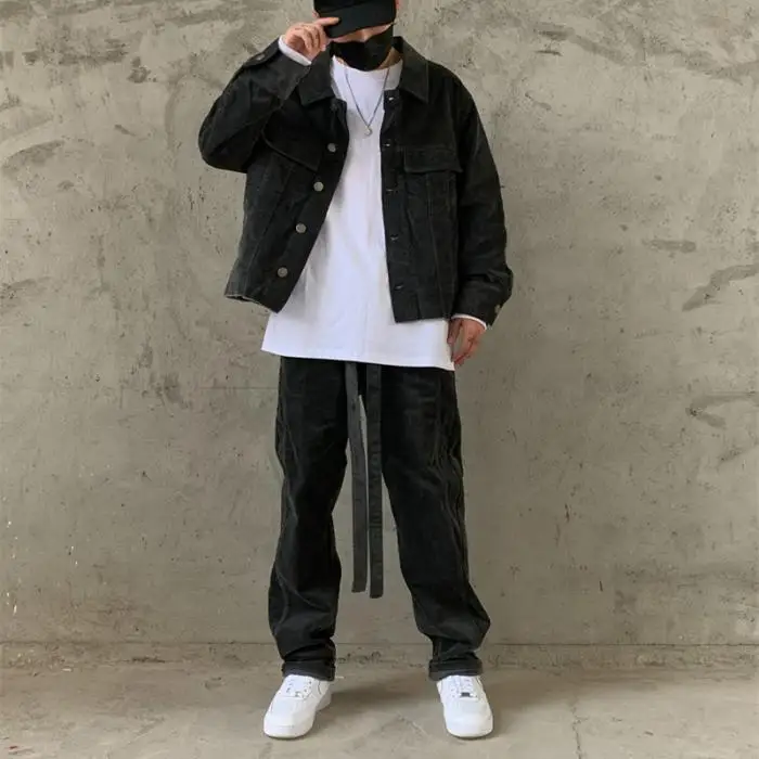 2 Pieces Sets Men Fashion Corduroy Retro Single Breasted Jacket Coat and Casual Straight Zipper Pants Joggers Streetwear Sets