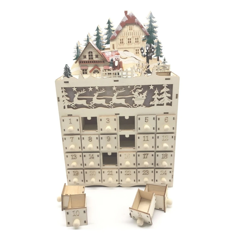 

Christmas Wooden Advent Calendar Countdown Decoration 24 Drawers with LED Light