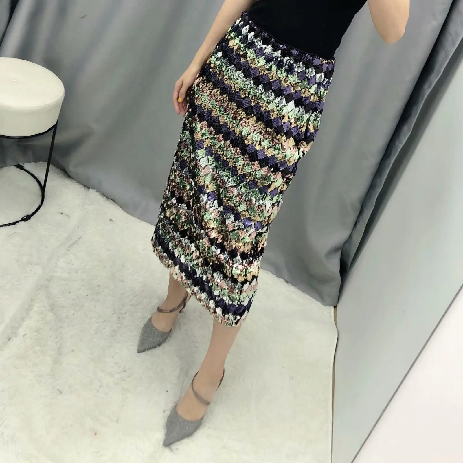 Новинка весны 2020 Женская юбка с высокой талией и блестками | одежда