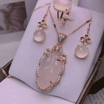 

Jade set 925 silver inlaid agate jade necklace pendant ring earrings three piece set