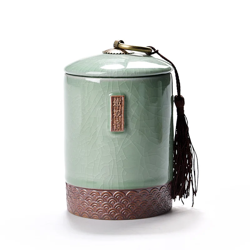 Популярная банка для чая Celadon с крышкой, баночки для хранения мелких вещей, емкости для конфет, Сушеные Орехи, горшок, фарфоровые банки для еды, банка для печенья, контейнер - Цвет: Tieguanyin PlumGreen