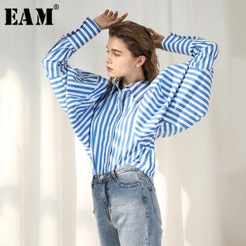 

[EAM] Women Blue Striped Big Size Blouse New Lapel Long Puff Sleeve Loose Fit Shirt Fashion Tide Spring Autumn 2020 1T473