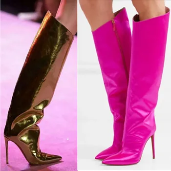 

Stilettos Knee High Boots Women's Genuine Leather Pointy Toe Evening Party Sequins Bling High Heel Luxury Fashion Shoes 6Colors