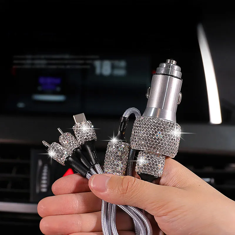 Crystal Diamond Phone 3 In 1 Data Wire Car Cigarette Lighter New Dual USB Charger For IPhone Android Type C GPS Fast | Автомобили и