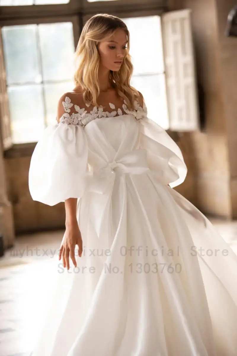 Sexy White Wedding Dresses 2022 Beach Boho Bride Gown For Wedding Half Puffy Sleeve Illusion Tulle Neck Appliques Princess Dress affordable wedding dresses