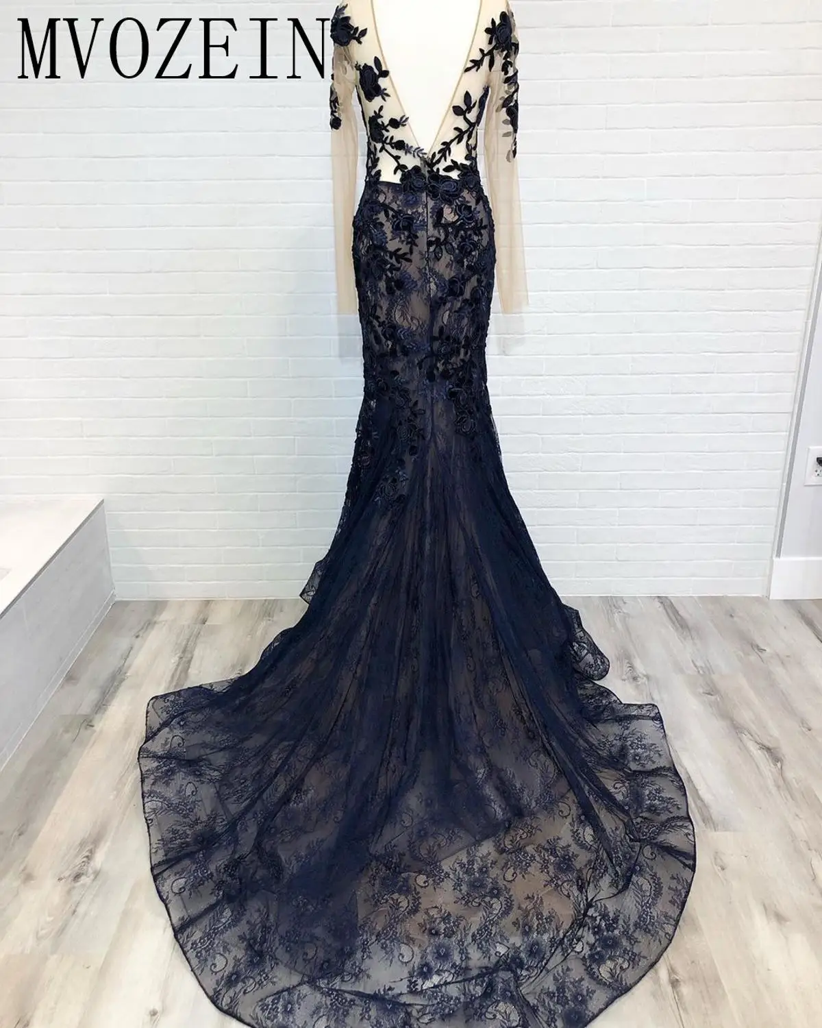 Vestidos Зеленые Вечерние платья Русалка с кружевной аппликацией 3D цветок Длинные рукава Черное длинное вечернее платье вечерние платья