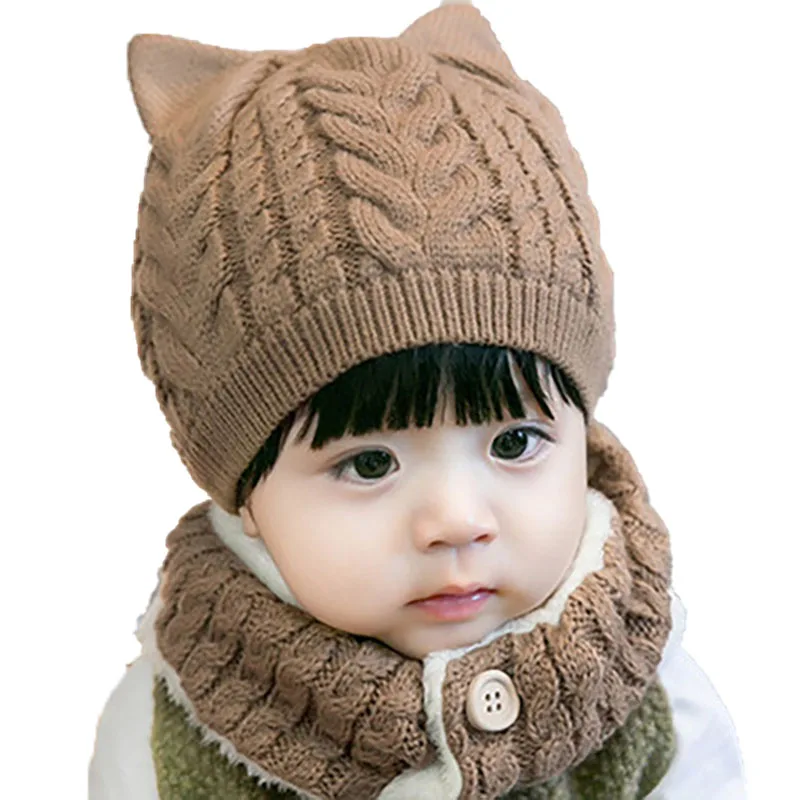 Детская шляпка, связанная крючком шапка с ушками, шарф для маленьких девочек, утепленная флисовая подкладка, теплая вязаная хлопковая шапка+ нагрудник, комплект из 2 предметов для детей 1-4 лет - Цвет: Brown