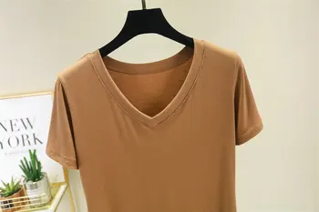 

Modal white t-shirt women short-sleeved summer loose and thin bottoming shirt scheming niche V
