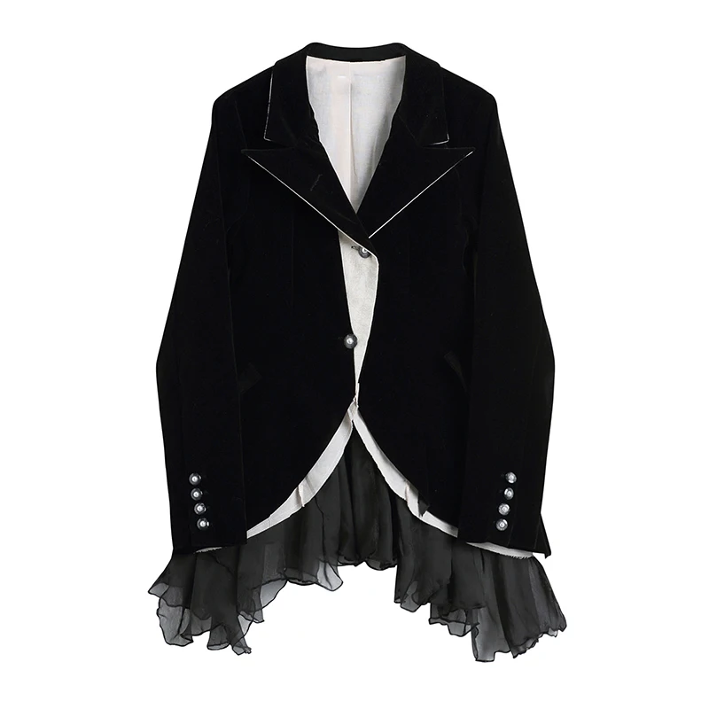 [EWQ] Chic Velvet Texture Contrast Blazers Women Spring 2022 Notched Single Breasted Mesh Spliced Dovetail Suit Jacket 16R1024 | Женская