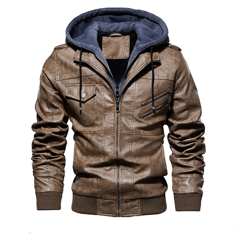 Classic Men Motorcycle Leather Jackets Winter Biker Coat Fashion Casual Hooded Faux Jacket Warm PU Leather Chaqueta Cuero Hombre