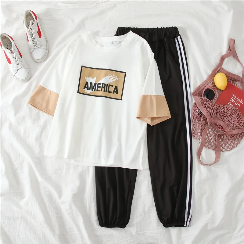 

Spring and Summer Women 2-Piece Capri Pants + Short Sleeve T-shirt Fashion & Sports Sets Female Cotton T-shirt