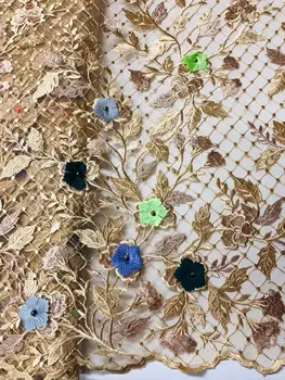 

Wholesale gold Tulle Lace Fabric High Quality French Net Lace Embroidered Beaded Nigerian Lace Fabric FJU28