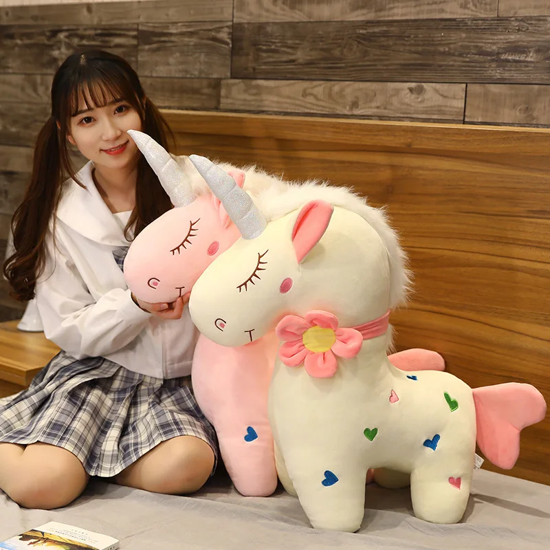 

Плюшевые игрушки в виде единорога, милые Мультяшные украшения для дивана, подушка с животными, мягкие куклы-лошади для малышей, детей, девочек, подарок на день рождения, 30-60 см