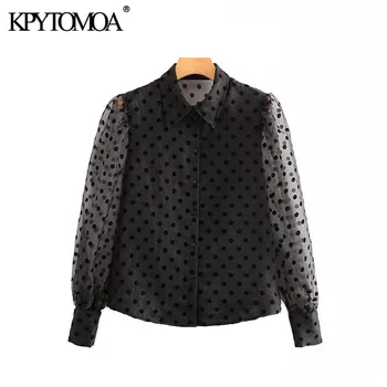 

KPYTOMOA Women 2020 Sexy Fashion Transparent Polka Dot Blouses Vintage Lapel Collar Long Sleeve Female Shirts Blusas Chic Tops