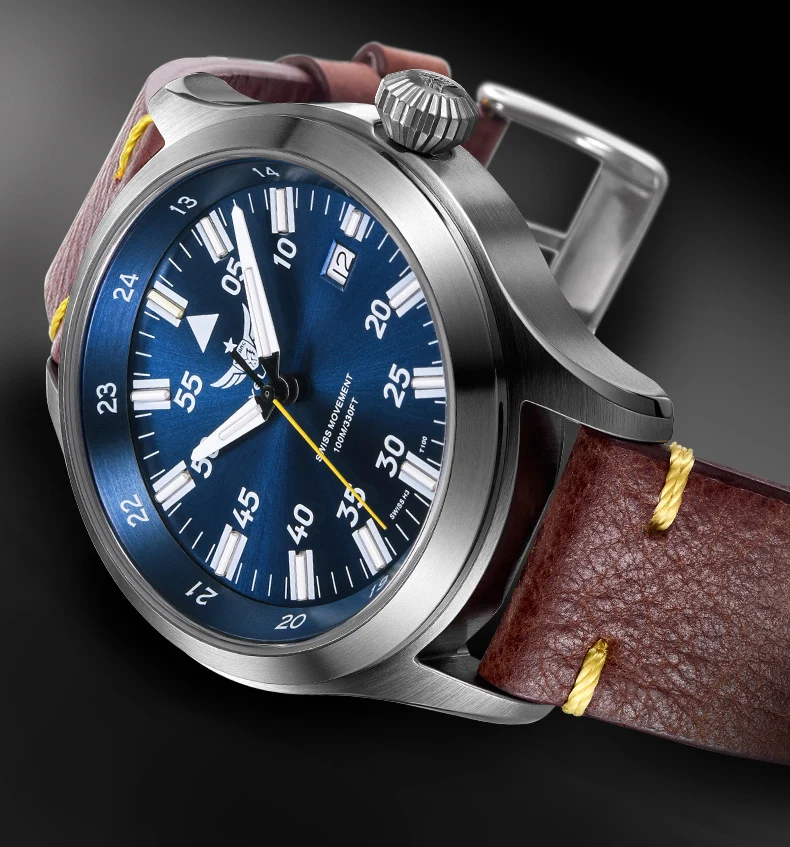 Yelang Men Quartz Watch Tritium T100 Ronda Movement Lithium battery pilot watch WR100M Sapphire Genuine Leather Military Watch