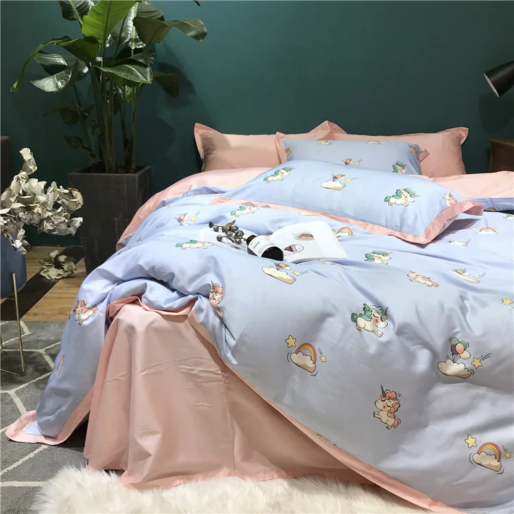 Blue Pink Комплект постельного белья из хлопка, 4 шт.,, красивое стеганое одеяло для девочек, 60 веток, розовый, синий, фиолетовый простынь,, краткое домашнее Текстиль - Цвет: Blue Pink
