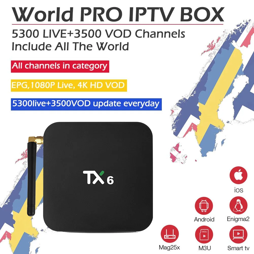 

TX6 Android 9.0 Smart TV WiFi Set Top Box with 1 Year Spanish Nordic Netherlands World PRO IPTV Subscription 10000 Livetv VOD