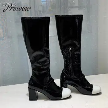 

Prowow New Genuine Leather Runway Fashion Knee HIgh Boots Thick Heel 6.5CM Heel Winter Boots Shoes Women Zapatos Mujer