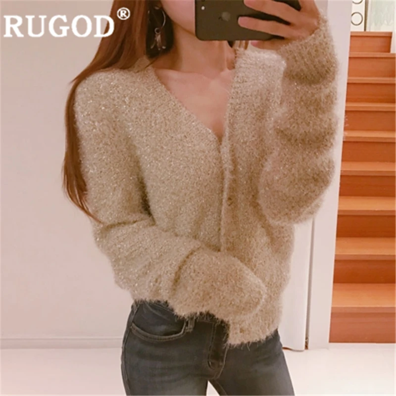 

RUGOD Women modis solid glitter sweater cardigan v neck single breasted loose coat 2019 new autumn arrival fashion femme elegant