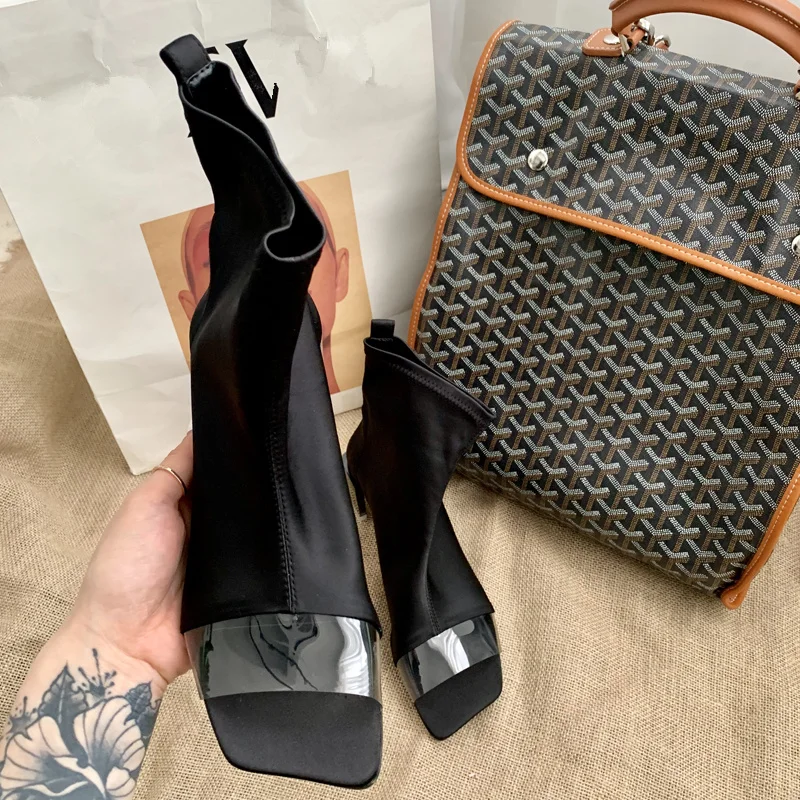 

2019 Spring Autumn Women Boots Transparent Pvc Botas Feminina Short Booties Med Heel Ankle Boots Women Square Toe Shoes Lady