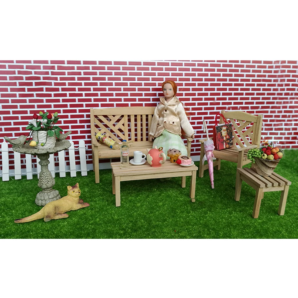 4 Pcs 1:12 Wooden Garden Furniture for Dollhouse Miniature Decor No Paint