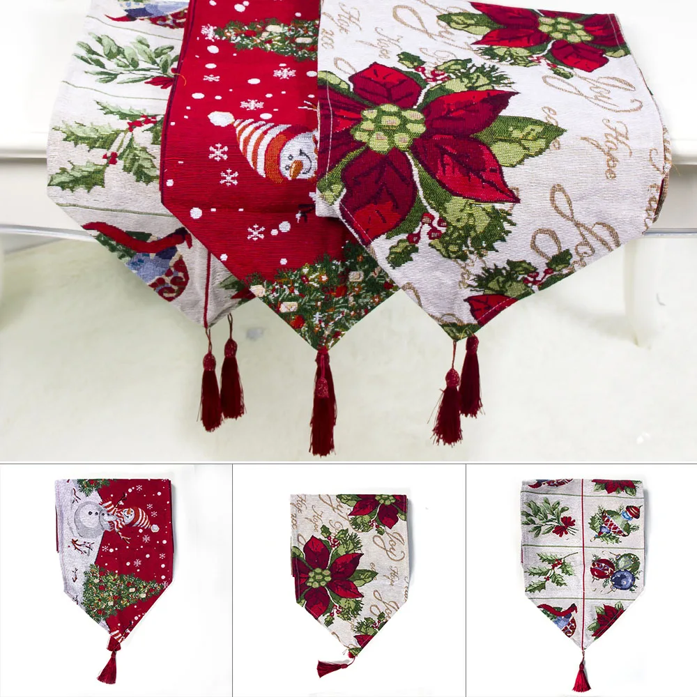Polyester Cotton Christmas Snowman Floral Table Runner Tablecloth Cover Home Party Decor 34*180cm