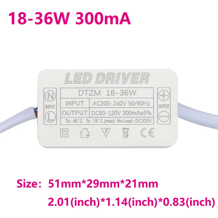 Description Picture 2 of item8-25W 18-36W 36-50W LED Lamp Driver Light Transformer Input AC175-265V with the box 300mA dust-proofor LED Spot light Bulb Chip