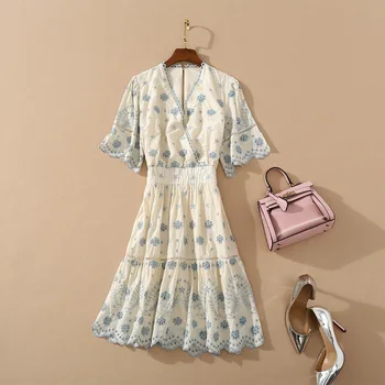 

European and American women's wear 2020 summer new style Short sleeve v-neck Hollowed-out embroidered fashionable cotton dress