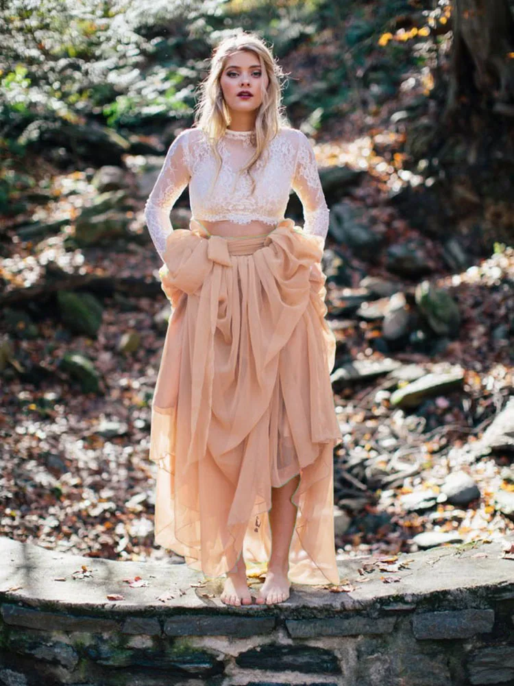 chiffon 147 Кружевные свадебные платья LORIE, 2 предмета, длинные рукава, бохо, а-силуэт, романтические платья невесты, vestidos de noiva, шифоновые свадебные платья - Цвет: chiffon 147