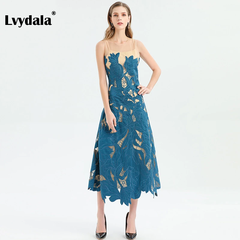 Lvydala, модное дизайнерское платье, весна-лето, женское платье, без рукавов, Сетчатое, с вышивкой, элегантные, миди платья