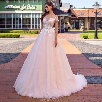 

Pink Tulle Wedding Dresses 2020 Off the Shoulder Scoop Lace Appliques Bridal Gowns Court Train Vestidos De Noiva Button