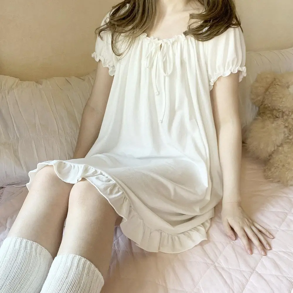 Nightgowns Women Cotton Short Sleeve Sexy Knee-length Solid Kawaii Ruffles Bow Loose Sleepwear Lolita Style Princess Nightdress women lingerie,women nightgowns,women nightdresses,sleeping dress
