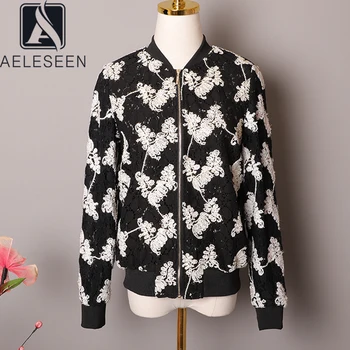 

AELESEEN Runway Fashion Spring Autumn Jacket 2020 High Quality Designer Flower Embroidery Hollow Out Black Casual Jacket