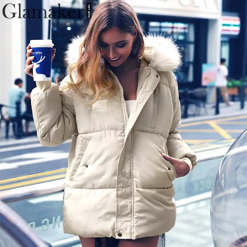 

Glamaker Sexy winter warm hooded down jacket Female fur collar pocket loose down jacket Streetwear soft padded coat jacket