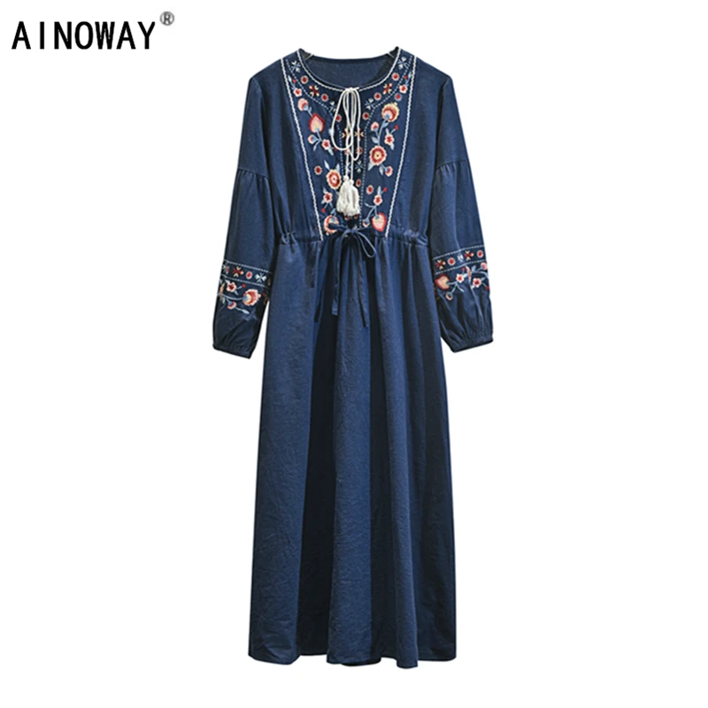 

Vintage Chic vestidos Women Boho lantern sleeve Floral embroidery beach Bohemian midi dress Ladies o-neck sashes Summer dress