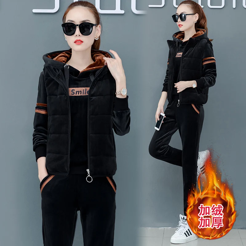 

Hoodies Vest Pants Thickening Leisure Suit New Winter Loose Hooded Pleuche Fleece 3-Piece Clothing Set Casual Outfit Women Girl