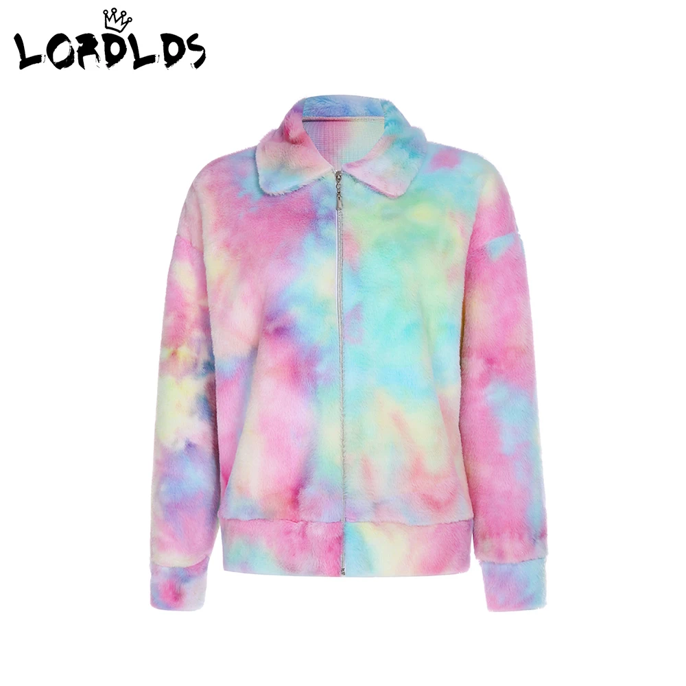 

LORDLDS Women Rainbow Oversize Jacket Harajuku Streetwear Fleece Zipper Jacket Ladies Faux Fur Coat Woman Autumn